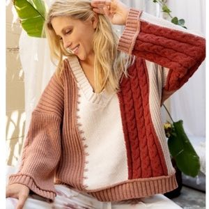 POL Sweater-neutrals Chenille patchwork color block oversized large